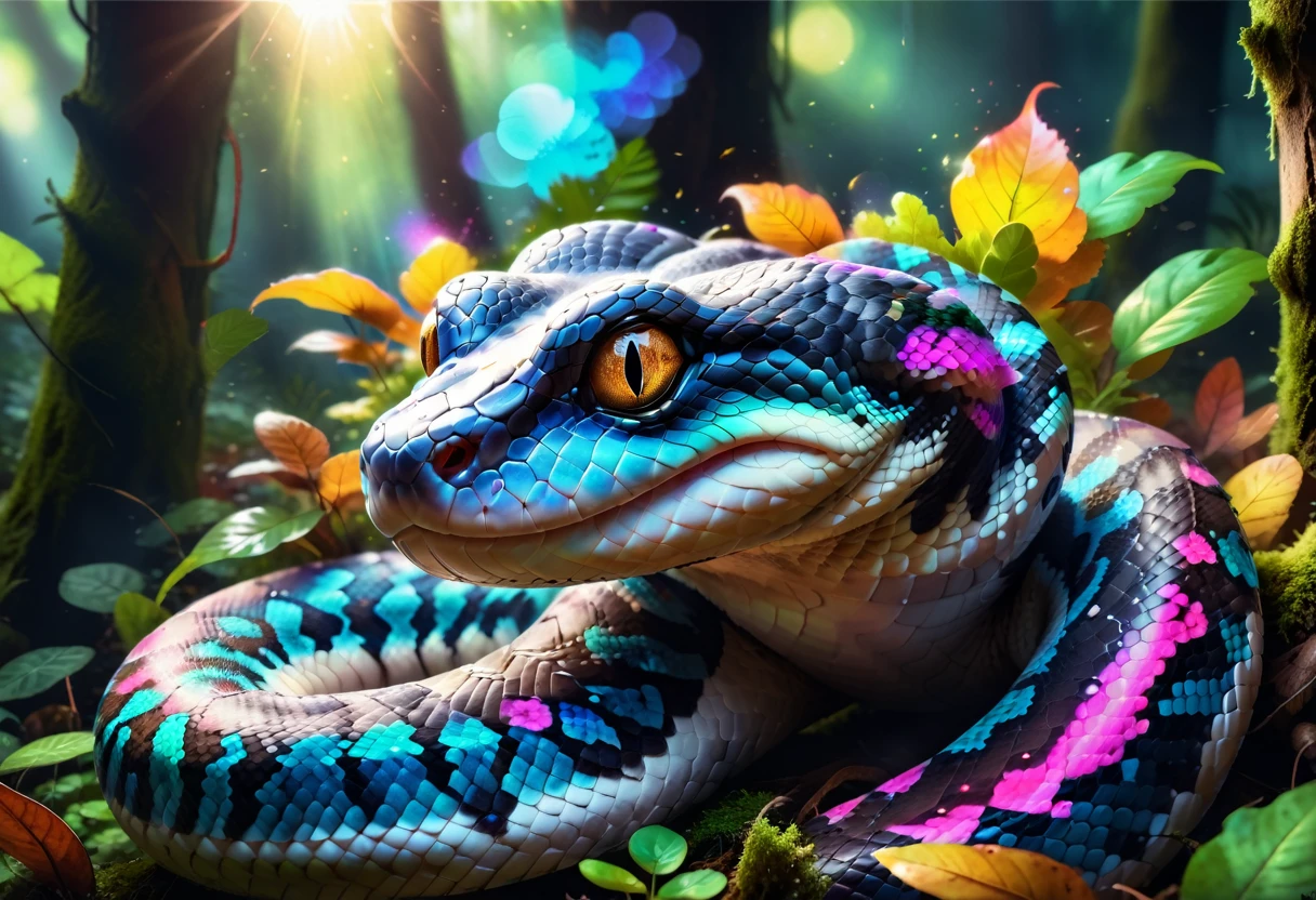 ge of a boa constrictor looking directly at the camera with a penetrating and mesmerizing gaze. Its head appears to be in motion, creating a dynamic effect. The eyes shine intensely, and the details are incredibly sharp. The boa's skin appears wet, reflecting light beautifully and showcasing a vibrant array of colors. It is wrapped around a beautiful tree adorned with moss and mushrooms. The image is colorful, with sunbeams filtering through the leaves, making the colors exceptionally vibrant. The ultra-detailed 4K quality captures the scene perfectly, evoking the beauty and intensity of an Ayahuasca vision