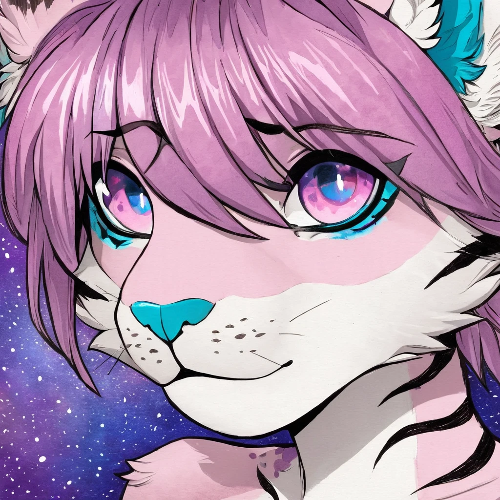 Single, solo, adult, feline, mammal, anthro, anthropomorphic, snow_leopard, cat, striped_feline, fur, furred_anthro, fluffy_tail, femboy, male, bangs, ear_tufts, blue_nose, hair_tuft, hair_between_eyes, long_tail, fluffy, feline_ears, expressive_eyes, purple_hair, purple_galaxy, purple_galaxy_background, light, looking_at_viewer, pink_hair, pink_fur, shy, small_pupils, spotted_pattern, stripes, tail, tiger_stripes, traditional_art, hand-drawn, pencil_lines, ink_details, natural_imperfections, brush_strokes, textured_shading, detailed_line_work, high_resolution, background, head_visible, neck_visible, profile_picture, seductive_face, headshot, close_up, watermark, gradient_galaxy