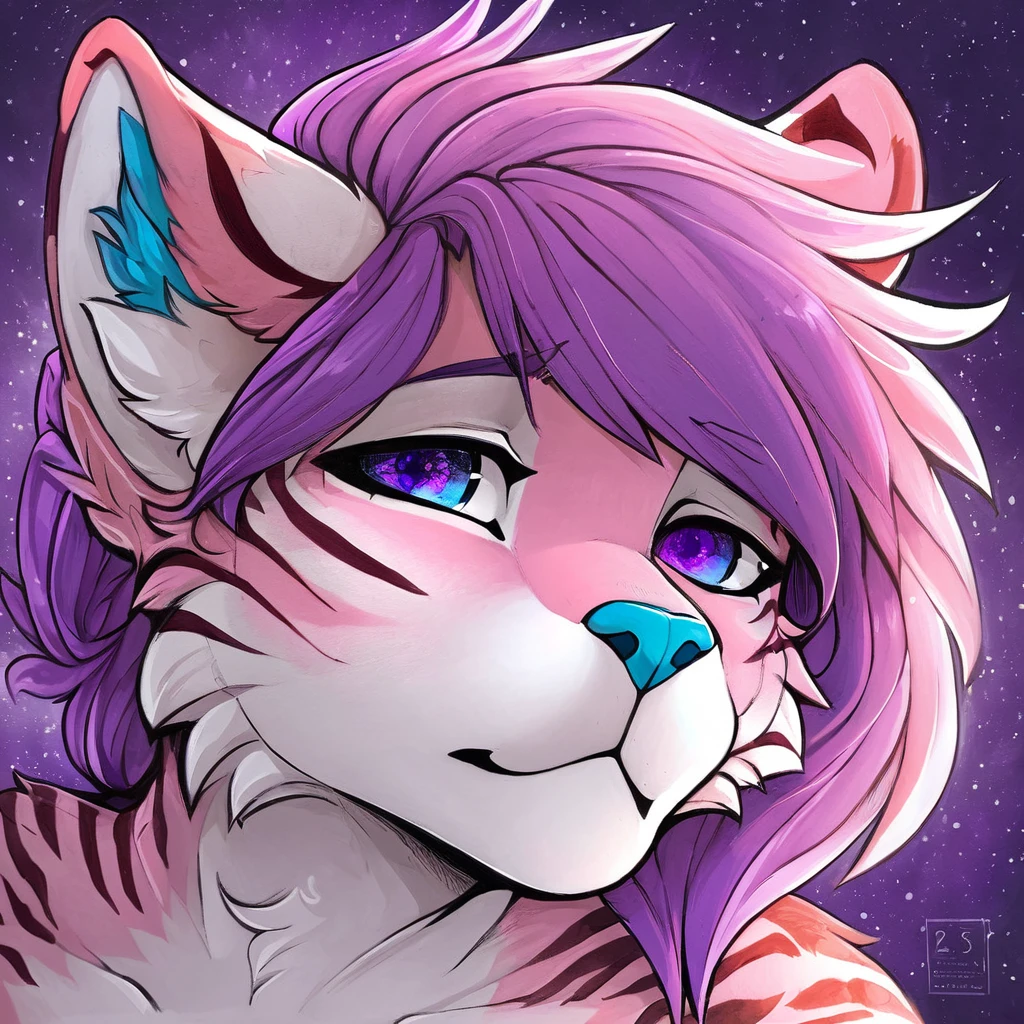 Single, solo, adult, feline, mammal, anthro, anthropomorphic, snow_leopard, cat, striped_feline, fur, furred_anthro, fluffy_tail, femboy, male, bangs, ear_tufts, blue_nose, hair_tuft, hair_between_eyes, long_tail, fluffy, feline_ears, expressive_eyes, purple_hair, purple_galaxy, purple_galaxy_background, light, looking_at_viewer, pink_hair, pink_fur, shy, small_pupils, spotted_pattern, stripes, tail, tiger_stripes, traditional_art, hand-drawn, pencil_lines, ink_details, natural_imperfections, brush_strokes, textured_shading, detailed_line_work, high_resolution, background, head_visible, neck_visible, profile_picture, seductive_face, headshot, close_up, watermark, gradient_galaxy