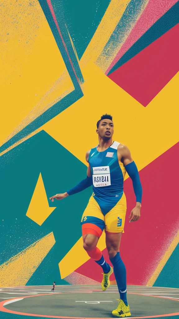 A detailed, futuristic and vibrant poster design for the 2036 Olympic Games, featuring a dynamic athlete figure in motion, surrounded by abstract geometric shapes and dynamic lines, conveying a sense of energy and movement. The design incorporates a bold color palette of blues, greens and metallic accents, creating a striking and visually arresting composition. The overall aesthetic is a harmonious blend of modern minimalism and cutting-edge design, capturing the spirit and excitement of the Olympic event.