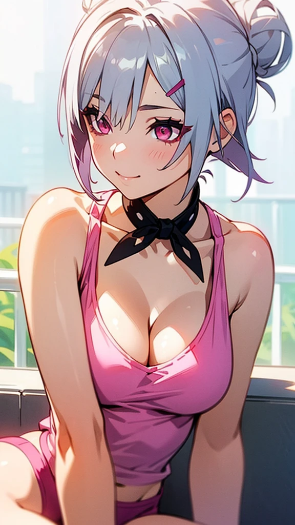 1girl、Short silver bob hair tied in a bun with a hair clip, Pink Eyes、smile、really like、Pink tank top、hot pants、Upper body close-up、Morning Cafe Terrace、Background blur, Written boundary depth, sitting, looking away, cleavage