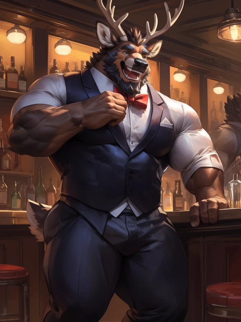 lindong, lucusold, lanxus, a man with a muscle, furry deer wearing ((tuxedo:1.2)), bar, bartender, ((muscular, sixpack)), happy, laugh, bearded , thicc, lowres, giant and muscular, danbooru and artstation, heavy detailed, insanely inflated hips, proportionally arms, commission for high res, detailed but rough, semirealistic:1.3