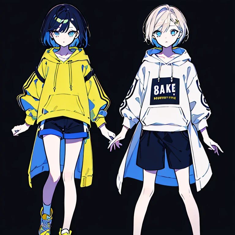(masterpiece, Highest quality:1.6), alone, Thick outline, (Simple Background, Dark yellow background, Monochrome, Dark Yellow Theme:1.2), Official Art, Key Visual, 8K, Confused, whole body, (Unique Hairstyles, Oversized hoodie, Food, hot pants, Arched back, Short torso:1.2), Thighs, Cowboy Shot, High resolution, Sharp focus, High resolution, Most detailed, Very detailed, Very detailedな, finely, Detailed eyes and face, Sharp pupils, Realistic student, alone, Yellow and light blue contrast、Blue eyes、full body, standing,