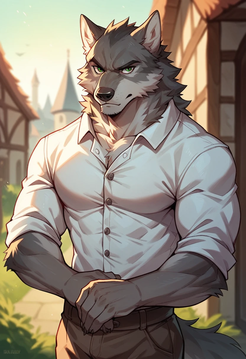 medium quality, Alone, Ranok, Hairy wolf, Gray fur, Green eyes, Medium muscular body, Handsome, Attractive, Charming, Casual shirt, Fierce, Pose showing muscles, Afternoon, Medieval village background.