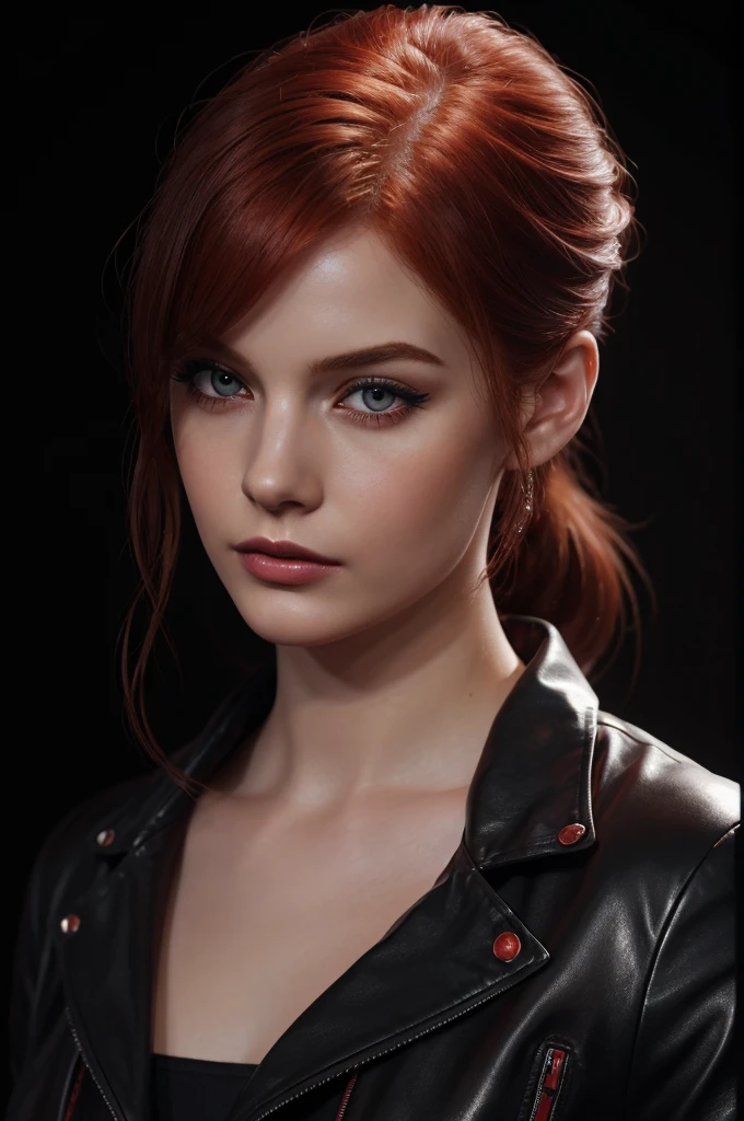 woman with medium hair ,Auburn-red-hair, pale,soft body,eyeliner,portrait, beautiful woman, beautiful female ,beautiful classy woman ,eyeliner,wonderful highly detailed masterpiece, elegant, digital painting, smooth, dramatic lighting, ultra realistic, 8k, art , blur backgrond, black background ,black background,black wallpaper,wearing red leather jacket