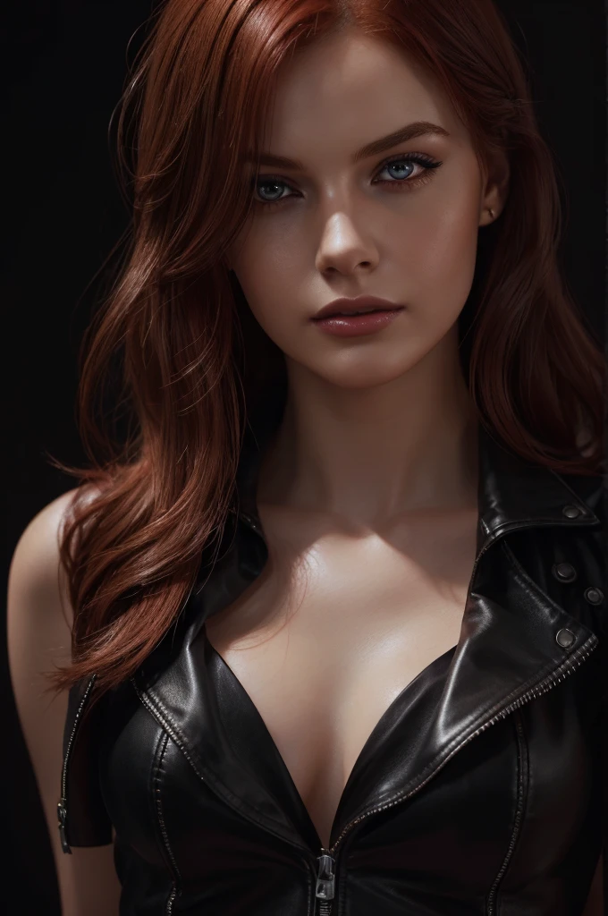 woman with medium hair ,Auburn-red-hair, pale,soft body,eyeliner,portrait, beautiful woman, beautiful female ,beautiful classy woman ,eyeliner,wonderful highly detailed masterpiece, elegant, digital painting, smooth, dramatic lighting, ultra realistic, 8k, art , blur backgrond, black background ,black background,black wallpaper,wearing red leather jacket