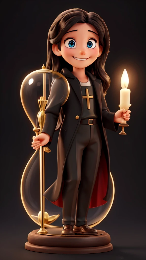 Jesus smiling with an hourglass, black background