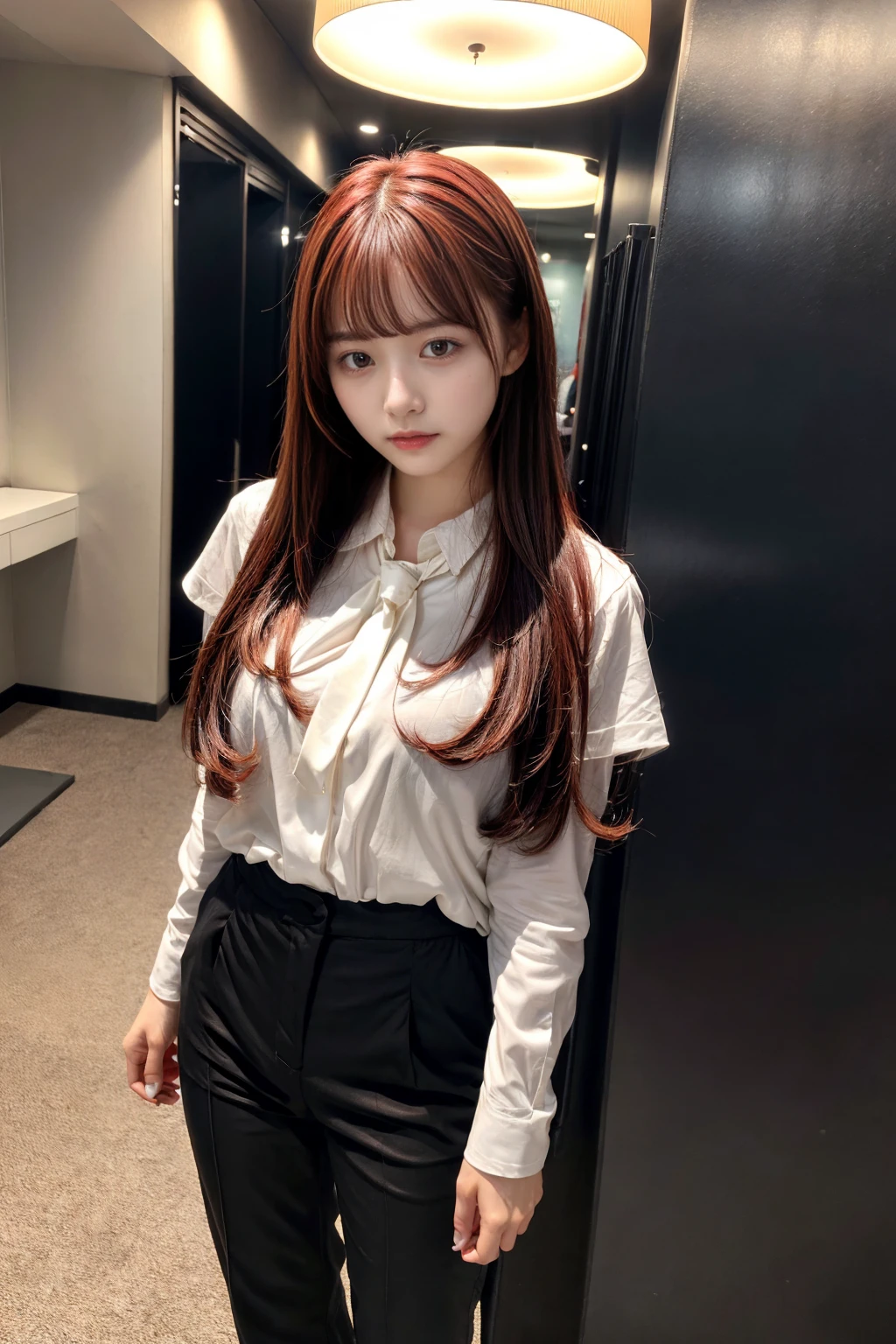 Highest quality、Ultra-high resolution、Professional Lighting、Detailed Background、hotel room、full body,Kobeni-chan、crying a little、25-year-old woman、beautiful girl、(Kobeni-chan、Jet black hair, Black Hair, bangs, One-sided hair,)、(Red Hair Clip:1.1)、(White shirt:1.2)+(Black tie:1.2)+(black long pants for work:1.2)、(Huge breasts that look like they might burst:1.2)、(Big thighs:1.1)、Are standing、Model pose