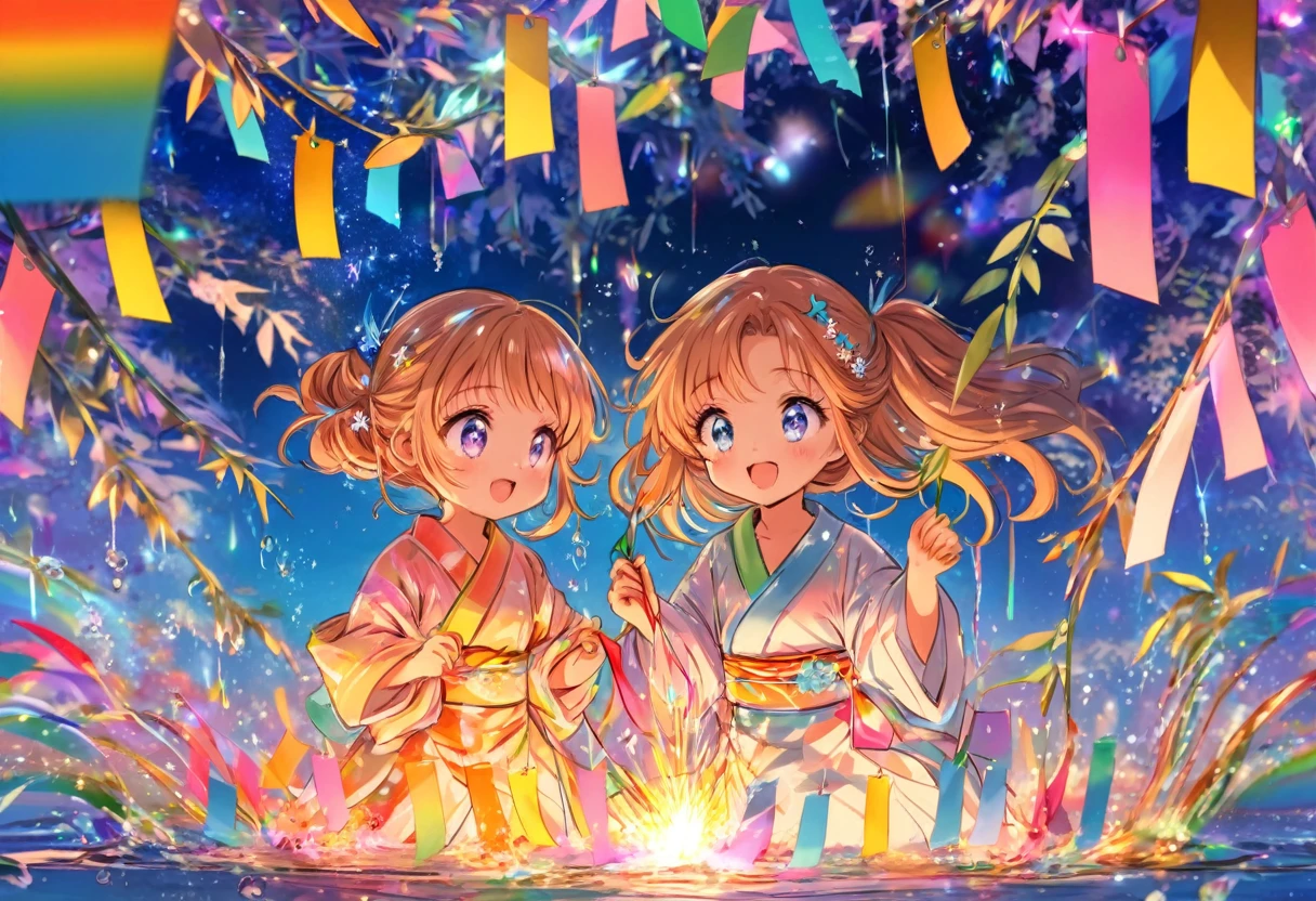 大きな花を見つめるTwo people, Two people, Tanabata, Paper, Bamboo Leaves, wishes on Paper, Grilling in a yukata, fluid, Particles of light, dream-like, Sparkling, dream-like shine, Drops of paint, Oil , strong stroke, Paint Drop, splash Paint Drop, Oil, (Abstract: 1.2) Consists of girls (Tanabata light tracing: 1.25), (Change to synchrotron radiation tracing) Style Tanabata summer festival, Orihime, fair, Summer festival, Rainbow colors, 16K, Ultra-high resolution, to be born, wonderful, future, Rainbow colors, The world 30 years from now.