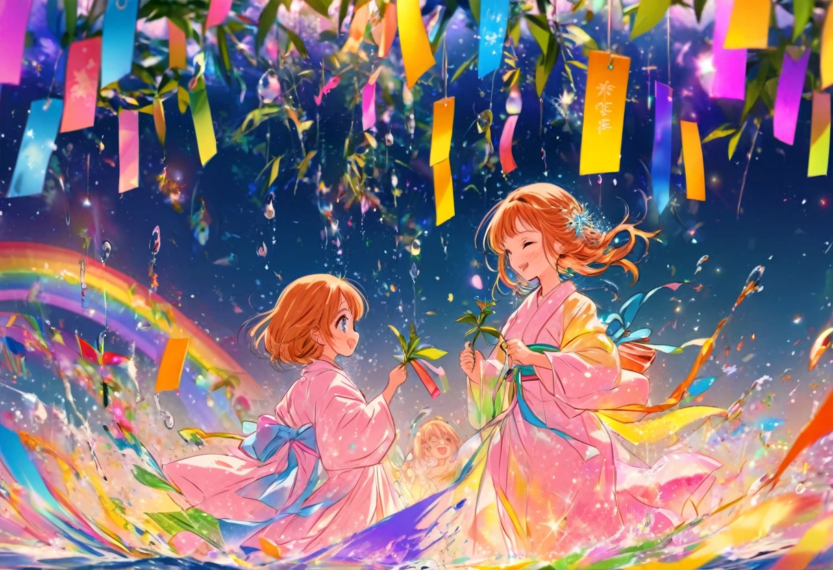 大きな花を見つめるTwo people, Two people, Tanabata, Paper, Bamboo Leaves, wishes on Paper, Grilling in a yukata, fluid, Particles of light, dream-like, Sparkling, dream-like shine, Drops of paint, Oil , strong stroke, Paint Drop, splash Paint Drop, Oil, (Abstract: 1.2) Consists of girls (Tanabata light tracing: 1.25), (Change to synchrotron radiation tracing) Style Tanabata summer festival, Orihime, fair, Summer festival, Rainbow colors, 16K, Ultra-high resolution, to be born, wonderful, future, Rainbow colors, The world 30 years from now.
