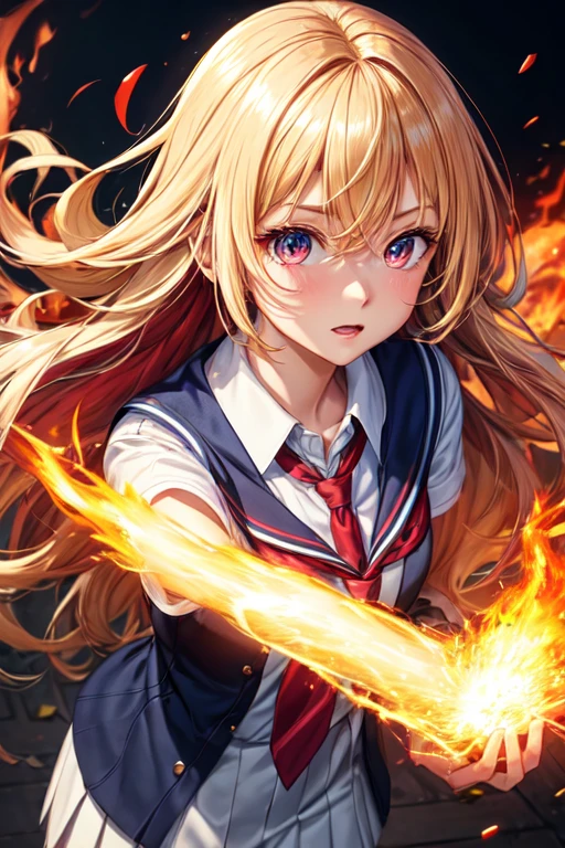  30 year old blonde with red streaks, eyes browns, wearing school clothes and with pyrokinesis powers