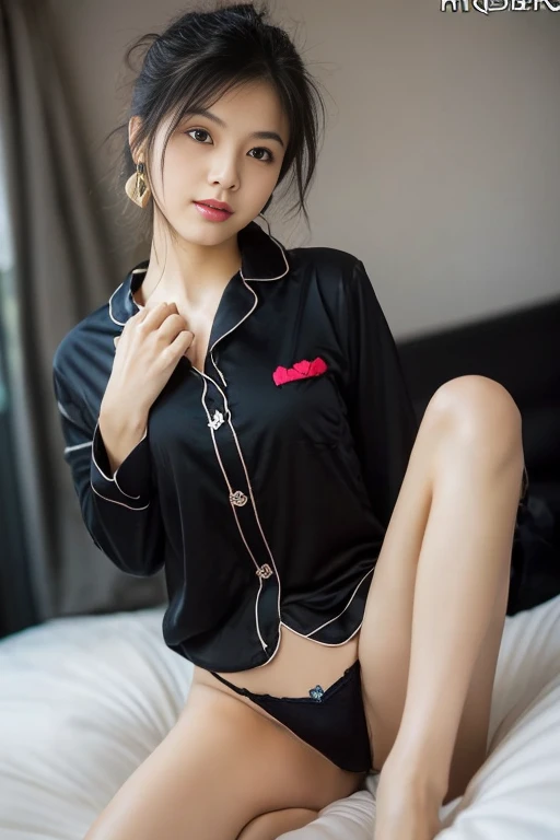 top Quority，Ultra-clear resolution, 19 years old girl ((Beautiful Chinese aunt).   Body.   Sexy.   Slim.   Thin.   Captivating.   Natural face.   No lipstick.   Messy Bun.   ( no Earrings-Earrings).

((Micro panties)),   ((breasted button-up. Black pajama sleep shirt)),    long legs_full body.    Pose.erotic.    sit down.     On bed