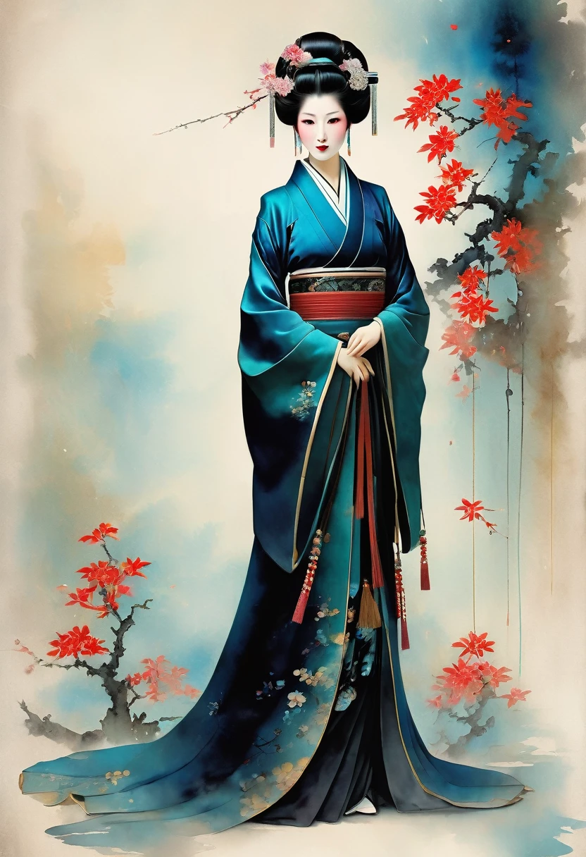 (full body:1.8), portrait of a beautiful japanese empress, blue glowing eyes, imposing look, strong pose, porcelain skin, long black hair, ornate traditional robe, Harrison Fisher and Catrin Welz-Stein art style, vivid colors, highly detailed, cinematic lighting, dramatic pose, elegant, graceful, regal, intricate details, masterpiece, photorealistic, 8k, best quality