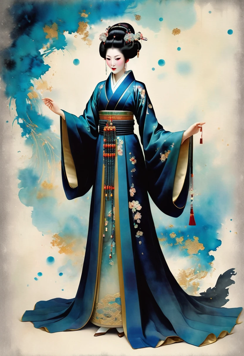 (full body:1.8), portrait of a beautiful japanese empress, blue glowing eyes, imposing look, strong pose, porcelain skin, long black hair, ornate traditional robe, Harrison Fisher and Catrin Welz-Stein art style, vivid colors, highly detailed, cinematic lighting, dramatic pose, elegant, graceful, regal, intricate details, masterpiece, photorealistic, 8k, best quality