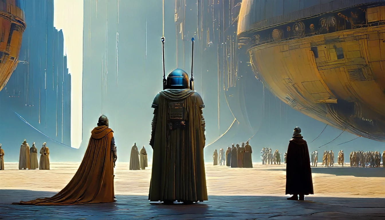 In portrait, characters inspired by the Start Wars universe by Ralph McQuarrie and Dan McPharlin, Wayne Barlowe in a Middle Ages setting, such as peoples interacting with robots, exotic alien beings, inspired by Hieronymus Bosch and Shaun Tan. Directed by George Lucas. ultra detailed, complex, sharp focus, object texture, studio photo, intricate details, highly detailed, Real Photo style, hyper-realistic, high dynamic range, rich colors, realistic textures, 8K uhd, high color depth, Nikon D 850, Kodak 400 port, fujifilm XT, (cinematic film:3.1)