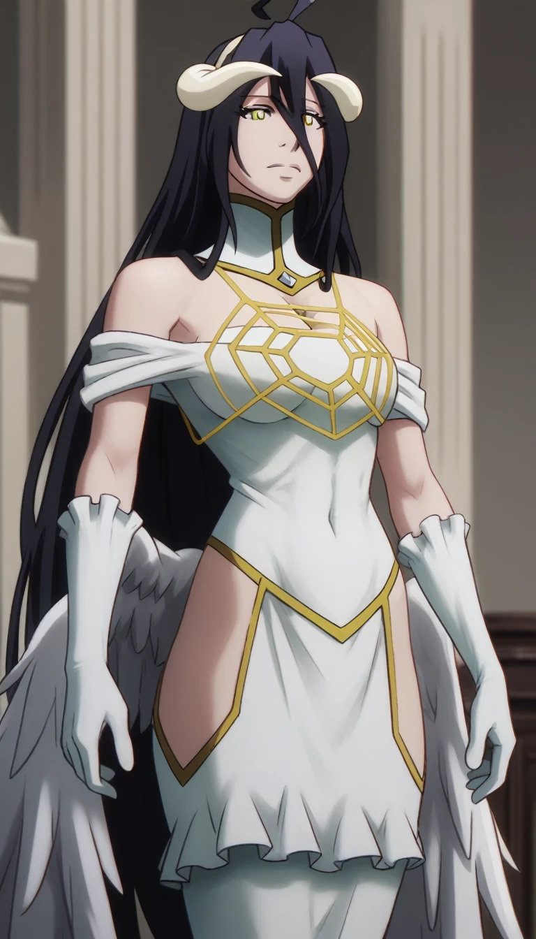 1 girl, albedo, standing, cowboy_shot, 20-year-old, healthy skin, masterpiece, detailed,  score_8_up, score_7_up 