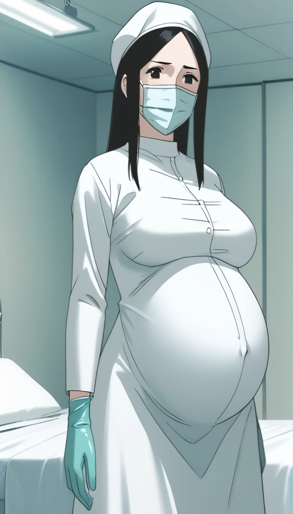score_9, score_8_up, score_7_up, source_anime, raw image, masterpiece, highest quality, kasuganoray, pale skin, shy eyes, long black hair, big breasts, scrubs, surgical mask, surgical cap, long sleeve maternity dress, seamless, tits, navel head, bare stomach, showing she stomach,
1girl, pregnant, solo, long rubber gloves, looking down, furrowed brow, hospital bed, light shines from the ceiling, standing, patient room background,