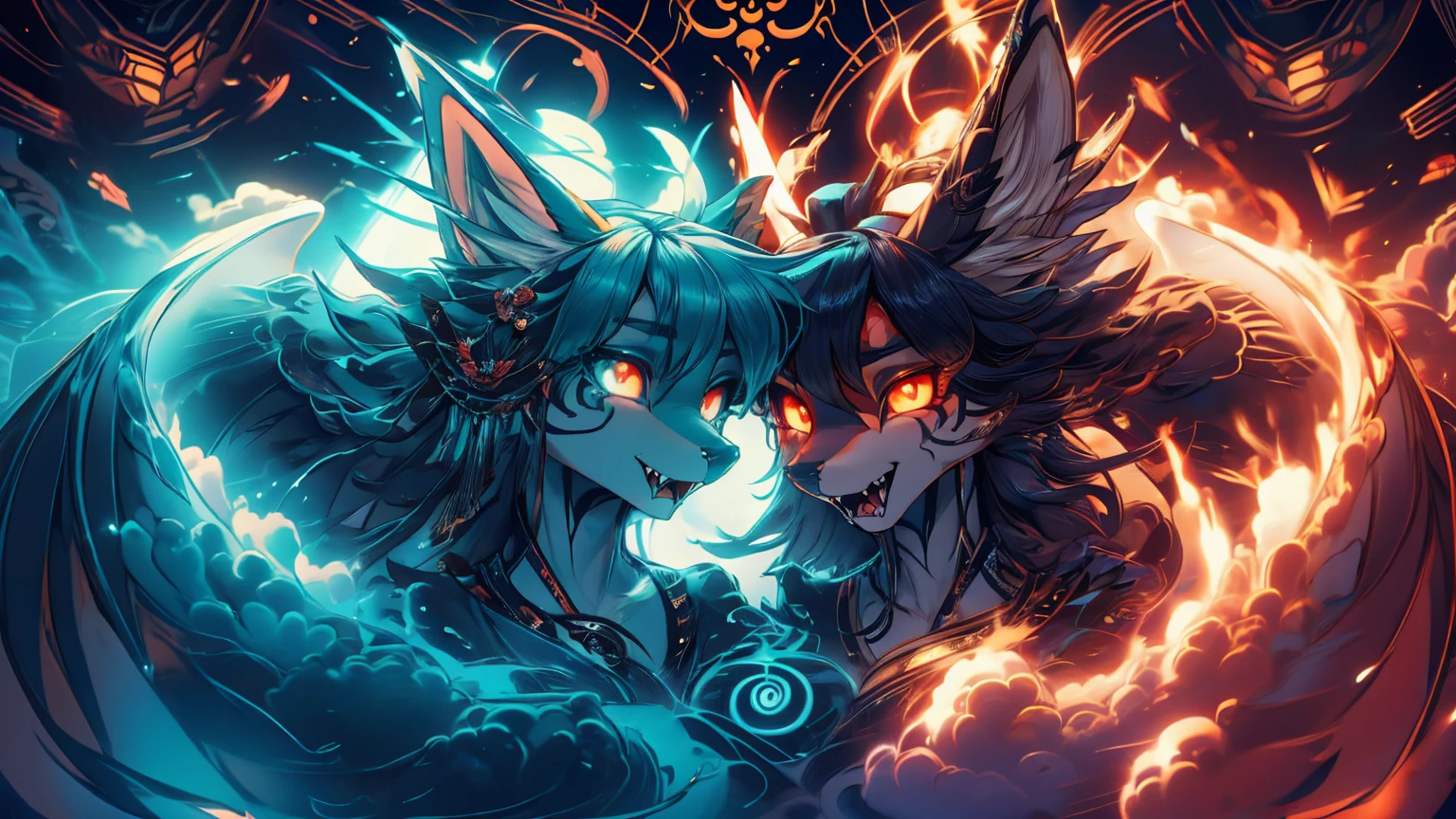  Two girls back to back, duality good and evilMiku Hatsune, add high definition_detail:1, blue fur,kitsune ears, tribal tattoo add_detail:1, hell&heaven add_detail, diabolic girl, batwigns add_detail Ferocious fangs, sharp fangs, demon yokai kitsune add_detail:1. Dualidad hatsume miku add high definition_detail:1 , blue fur, slave dd kitsune, angelic girl, angel girl add_detail:1