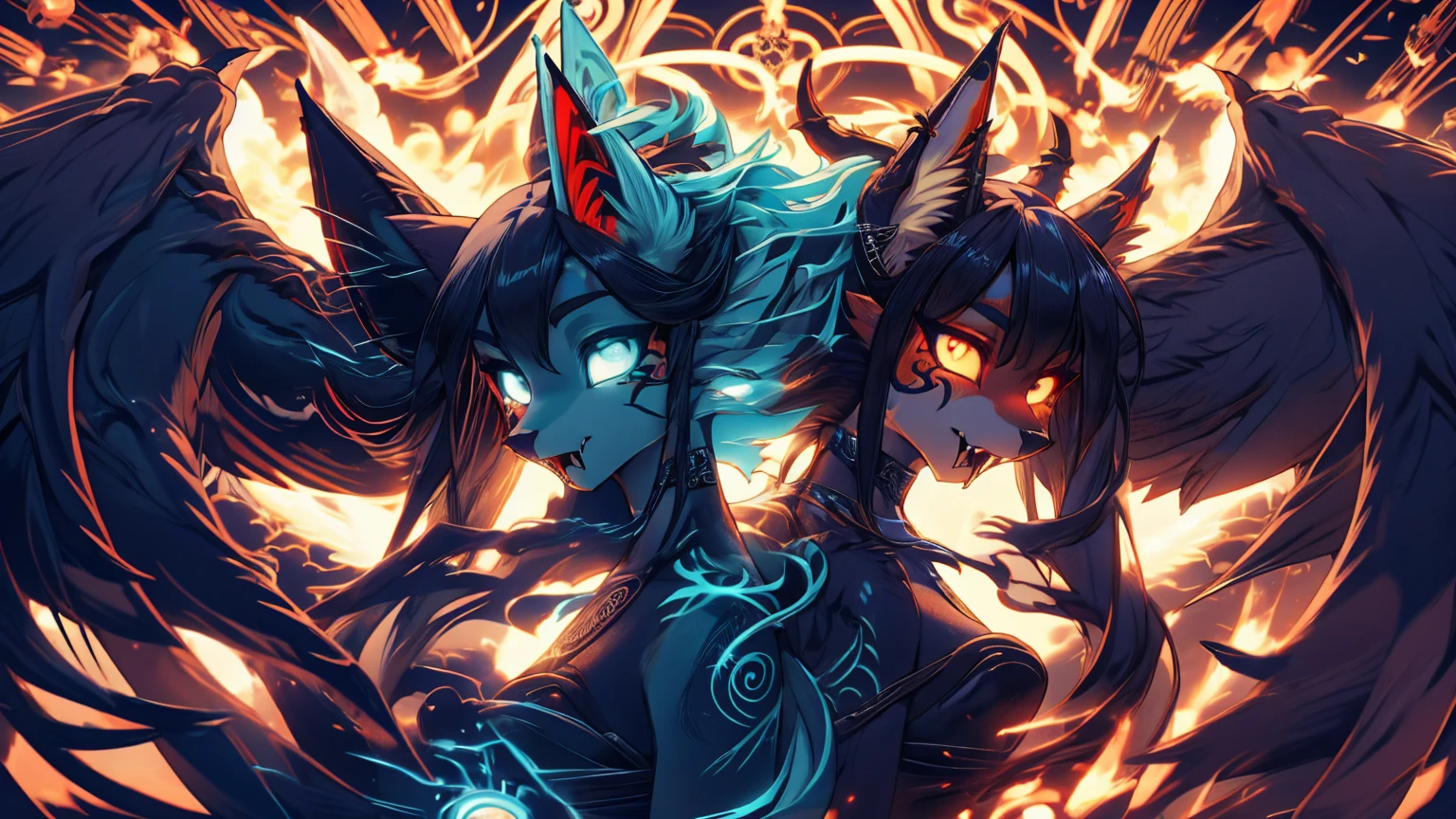  Two girls back to back, duality good and evilMiku Hatsune, add high definition_detail:1, blue fur,kitsune ears, tribal tattoo add_detail:1, hell&heaven add_detail, diabolic girl, batwigns add_detail Ferocious fangs, sharp fangs, demon yokai kitsune add_detail:1. Dualidad hatsume miku add high definition_detail:1 , blue fur, slave dd kitsune, angelic girl, angel girl add_detail:1