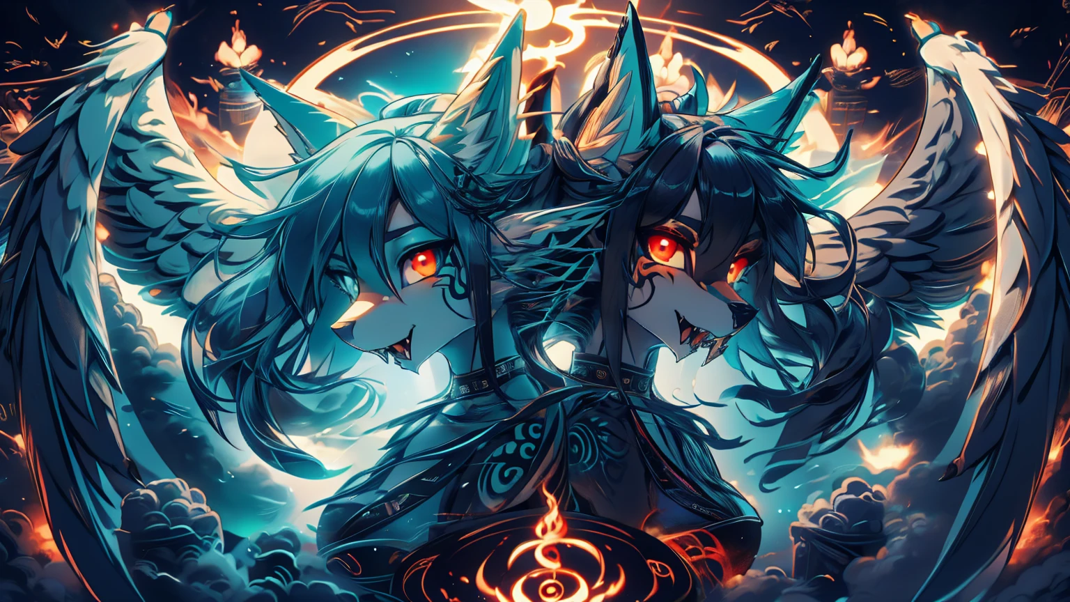  Two girls back to back, duality good and evilMiku Hatsune, add high definition_detail:1, blue fur,kitsune ears, tribal tattoo add_detail:1, hell&heaven add_detail, diabolic girl, batwigns add_detail Ferocious fangs, sharp fangs, demon yokai kitsune add_detail:1. Dualidad hatsume miku add high definition_detail:1 , blue fur, slave dd kitsune, angelic girl, angel girl add_detail:1