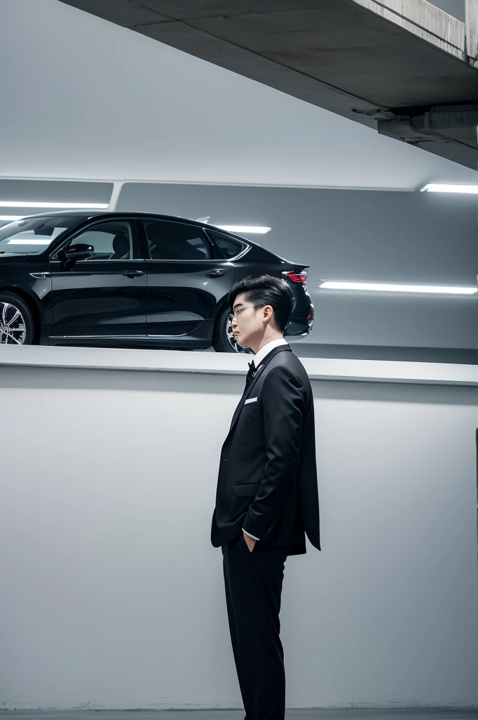 In white space、A man in a suit and a black car face each other。Angle of view from far enough away that the whole body is captured。