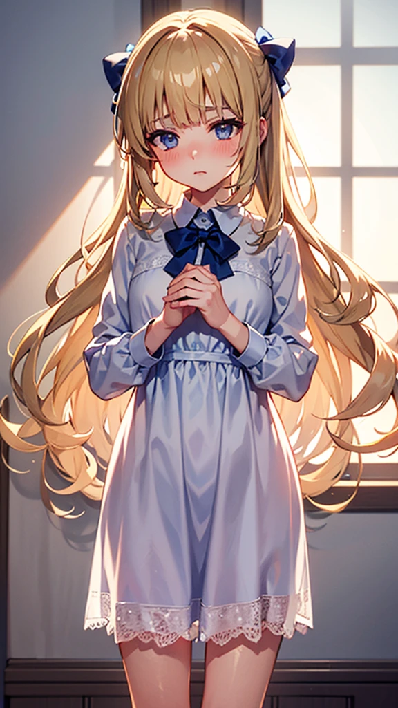 Create an anime-style illustration of a blonde girl with long, wavy hair wearing a light, white lace nightgown with a blue bow in the center. The girl should have a thoughtful expression, blush on her cheeks, and be standing in a softly lit room with a serene atmosphere. Include delicate details like lace and soft shadows to enhance the overall gentle and dreamy ambiance