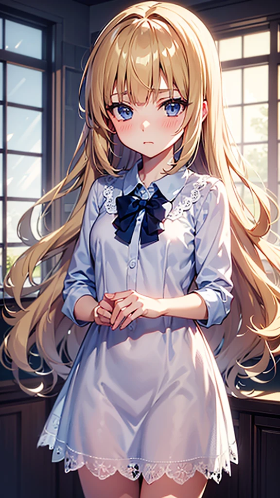 Create an anime-style illustration of a blonde girl with long, wavy hair wearing a light, white lace nightgown with a blue bow in the center. The girl should have a thoughtful expression, blush on her cheeks, and be standing in a softly lit room with a serene atmosphere. Include delicate details like lace and soft shadows to enhance the overall gentle and dreamy ambiance