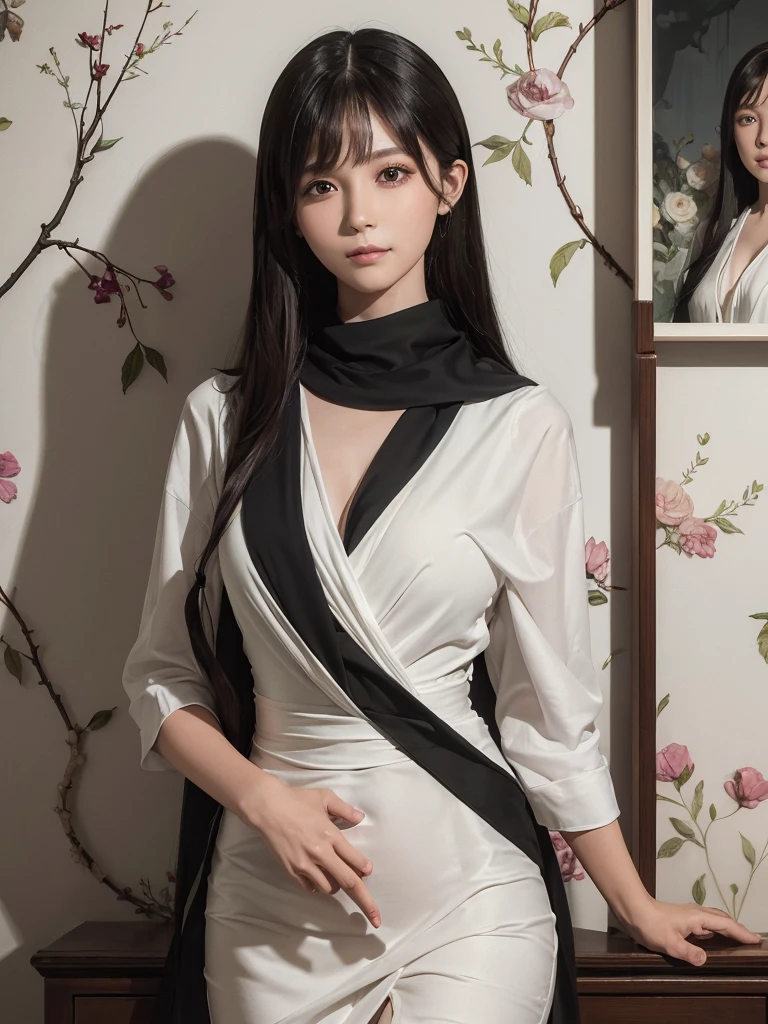 (ultra realistic), (illustration), (higher resolution), (8K), (extremely detaild), (Best illustration), (beautiful and detailed eyes), (best qualityer), (ultra detaild), (work of art ), ( wall-paper), (face detailed), standing alone, 1 girl, gazing at viewer, fine-details, face detailed, in dark, deep-shadows, subtle, pureerosfaceace_v1, smiling, long hair, Black shawl straight hair 46 point oblique bangs