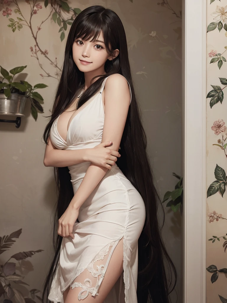 (ultra realistic), (illustration), (higher resolution), (8K), (extremely detaild), (Best illustration), (beautiful and detailed eyes), (best qualityer), (ultra detaild), (work of art ), ( wall-paper), (face detailed), standing alone, 1 girl, gazing at viewer, fine-details, face detailed, in dark, deep-shadows, subtle, pureerosfaceace_v1, smiling, long hair, Black shawl straight hair 46 point oblique bangs