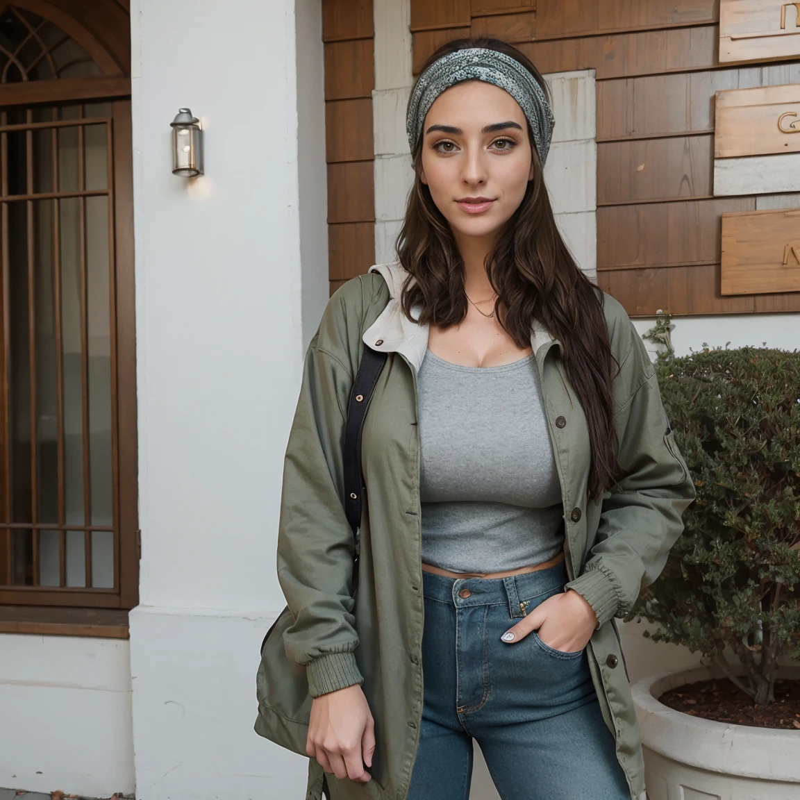 Extremely busty thin and toned brunette photographer, college girl, fair skin, loose side sweep, soft face, athletic, bandana babushka headwrap, tight olive green casual windbreaker, skinny jeans. standing in front of her apartment building, outdoors, city, camera bag, cleavage
