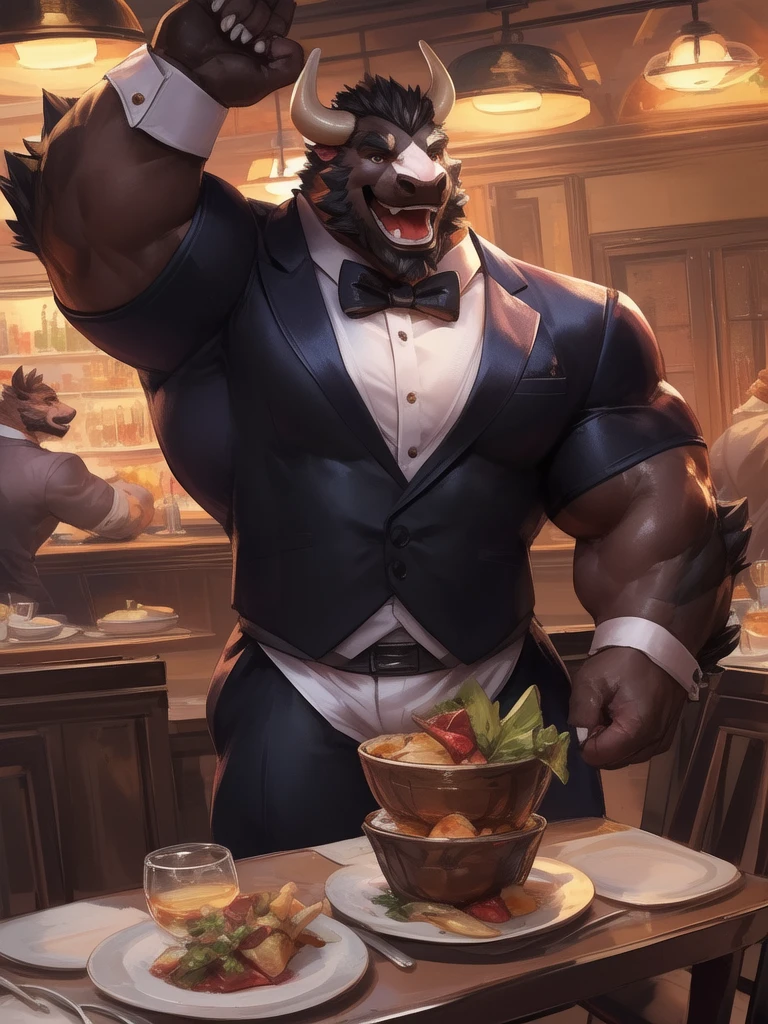 lindong, lucusold, lanxus, a man with a muscle, furry bull wearing ((tuxedo:1.2)), waiters, restaurant, ((muscular, sixpack)), happy, laugh, bearded , thicc, lowres, giant and muscular, danbooru and artstation, heavy detailed, insanely inflated hips, proportionally arms, commission for high res, detailed but rough, semirealistic:1.3