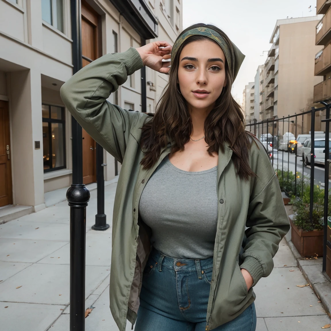 Extremely busty thin and toned brunette photographer, college girl, fair skin, loose side sweep, soft face, athletic, bandana babushka headwrap, tight olive green casual windbreaker, skinny jeans. standing in front of her apartment building, outdoors, city, camera bag, cleavage 