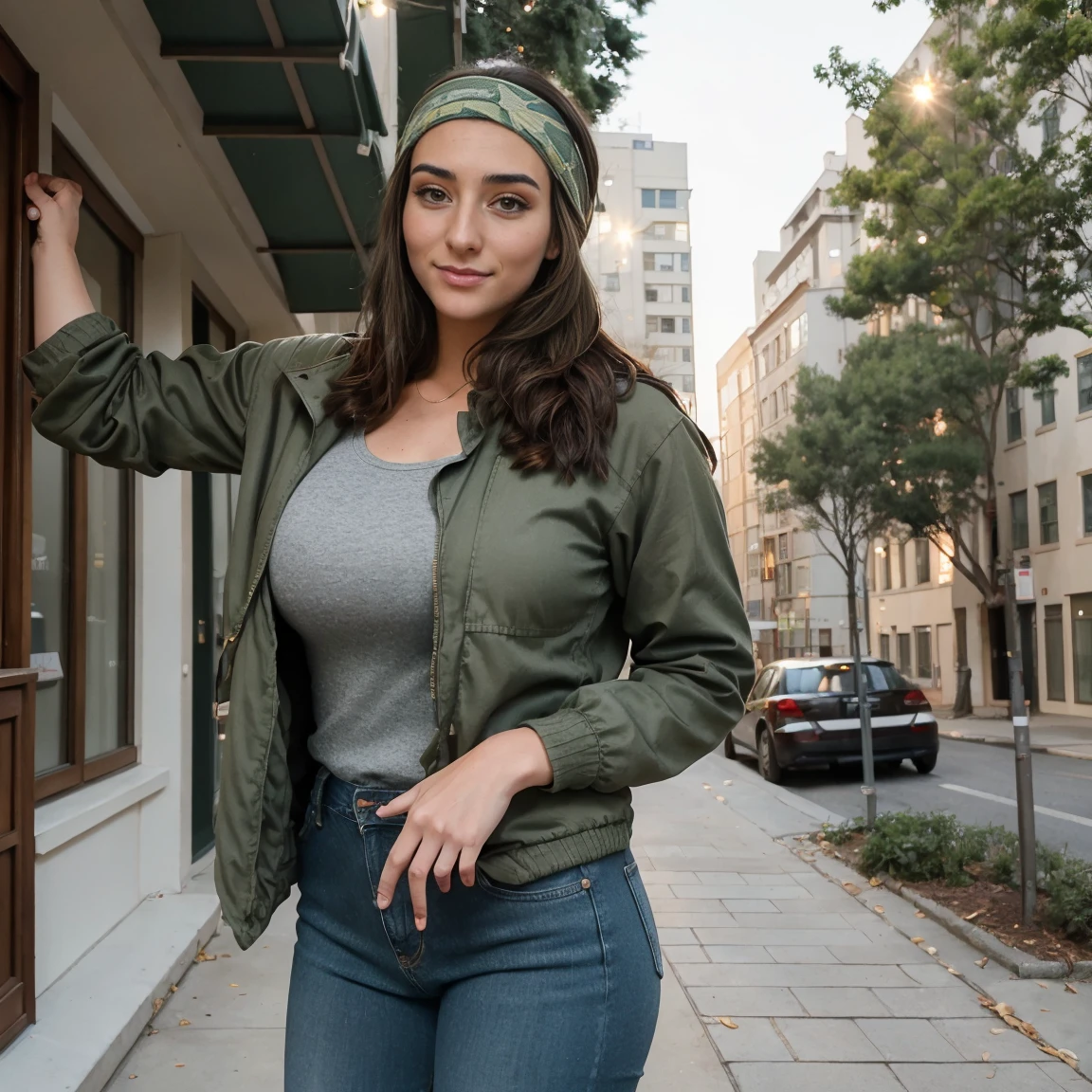 Extremely busty thin and toned brunette photographer, college girl, fair skin, loose side sweep, soft face, athletic, bandana babushka headwrap, tight olive green casual windbreaker, skinny jeans. standing in front of her apartment building, outdoors, city, camera bag, cleavage 