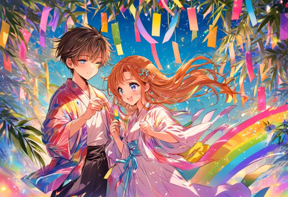 大きな花を見つめるTwo people, Two people, Tanabata, Paper, Bamboo Leaves, wishes on Paper, Grilling in a yukata, fluid, Particles of light, dream-like, Sparkling, dream-like shine, Drops of paint, Oil , strong stroke, Paint Drop, splash Paint Drop, Oil, (Abstract: 1.2) Consists of girls (Tanabata light tracing: 1.25), (Change to synchrotron radiation tracing) Style Tanabata summer festival, Orihime, fair, Summer festival, Rainbow colors, 16K, Ultra-high resolution, to be born, wonderful, future, Rainbow colors, The world 30 years from now.
