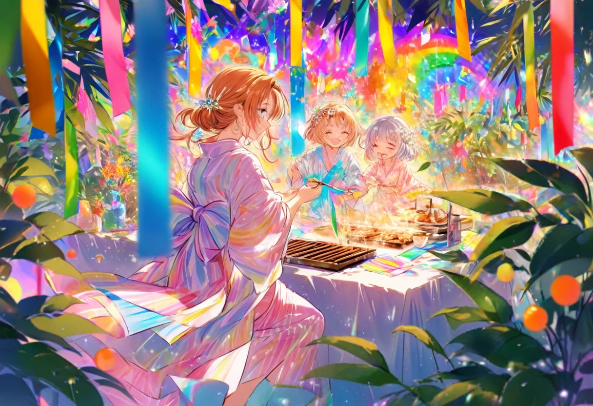 大きな花を見つめるTwo people, Two people, Tanabata, Paper, Bamboo Leaves, wishes on Paper, Grilling in a yukata, fluid, Particles of light, dream-like, Sparkling, dream-like shine, Drops of paint, Oil , strong stroke, Paint Drop, splash Paint Drop, Oil, (Abstract: 1.2) Consists of girls (Tanabata light tracing: 1.25), (Change to synchrotron radiation tracing) Style Tanabata summer festival, Orihime, fair, Summer festival, Rainbow colors, 16K, Ultra-high resolution, to be born, wonderful, future, Rainbow colors, The world 30 years from now.