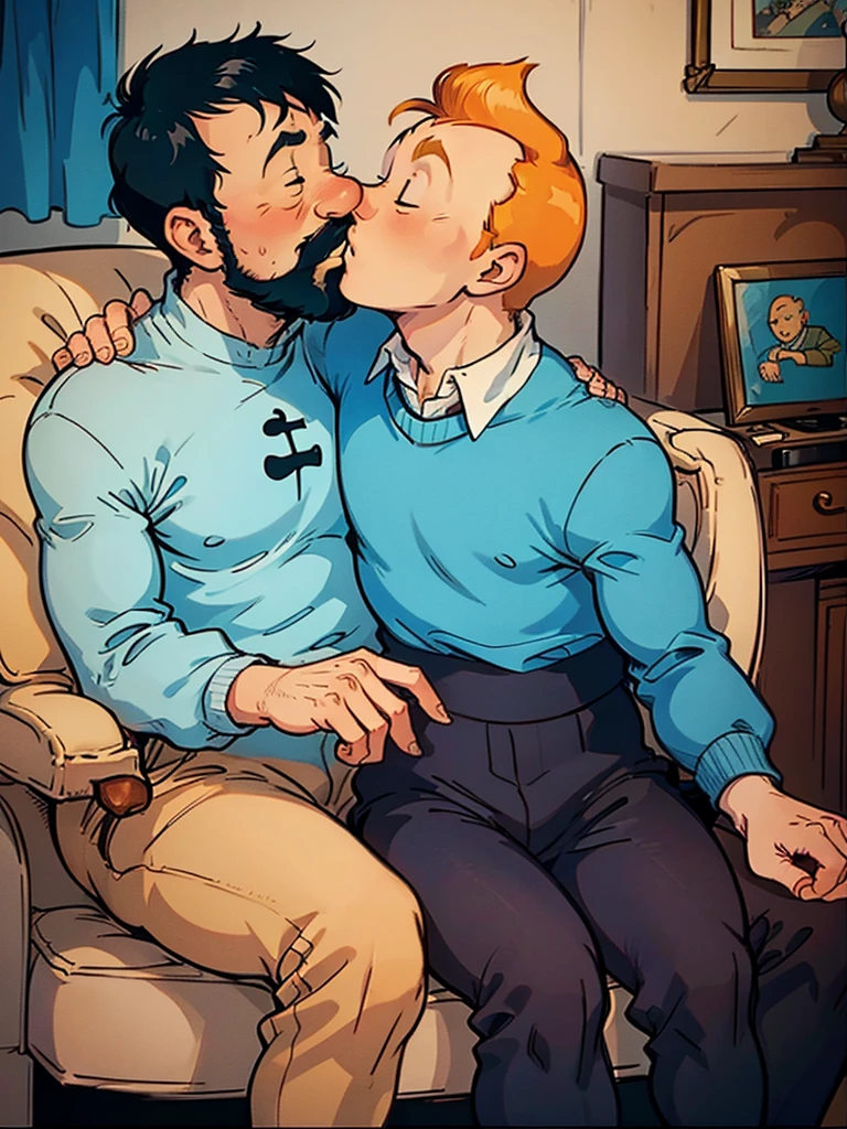 Tintin and Captain Haddock are in the room with the piano.  Haddock sits in a chair with Tintin sitting on his lap and they kiss tenderly.  Both men.  Haddock has black hair.  Everything is in pastel colors.