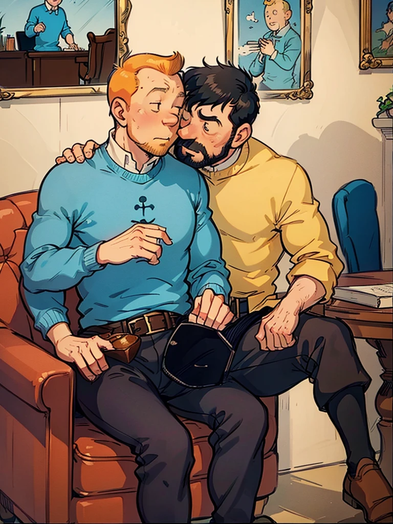 Tintin and Captain Haddock are in the room with the piano.  Haddock sits in a chair with Tintin sitting on his lap and they kiss tenderly.  Both men.  Haddock has black hair.  Everything is in pastel colors.