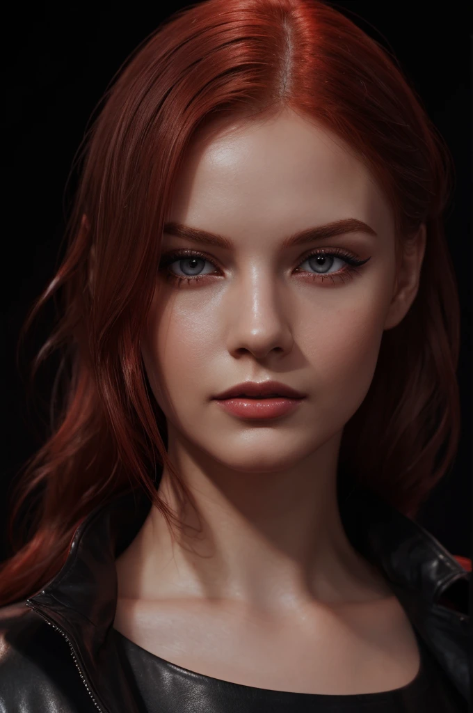 woman with medium-hair ,Auburn-red-hair, pale,soft body,eyeliner,portrait, beautiful woman, beautiful female ,beautiful classy woman ,eyeliner , elegant, digital painting, smooth, dramatic lighting, ultra realistic, 8k, art , blur backgrond, black background ,black background,black wallpaper,wearing red leather jacket