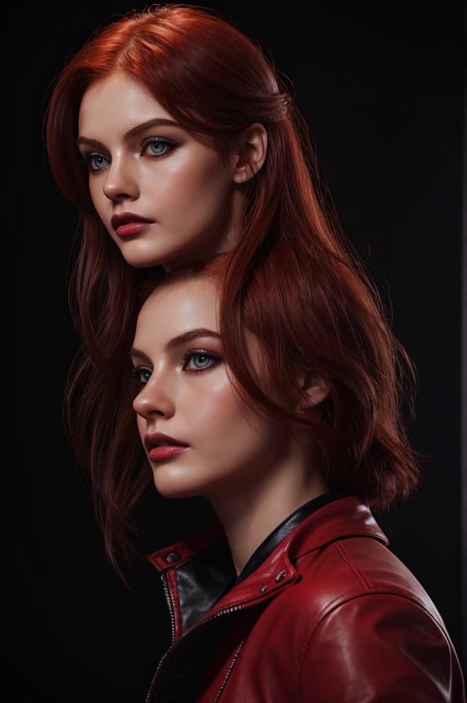 woman with medium-hair ,Auburn-red-hair, pale,soft body,eyeliner,portrait, beautiful woman, beautiful female ,beautiful classy woman ,eyeliner , elegant, digital painting, smooth, dramatic lighting, ultra realistic, 8k, art , blur backgrond, black background ,black background,black wallpaper,wearing red leather jacket