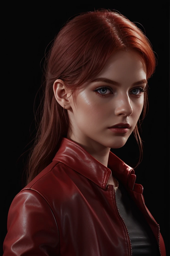 woman with medium-hair ,Auburn-red-hair, pale,soft body,eyeliner,portrait, beautiful woman, beautiful female ,beautiful classy woman ,eyeliner , elegant, digital painting, smooth, dramatic lighting, ultra realistic, 8k, art , blur backgrond, black background ,black background,black wallpaper,wearing red leather jacket