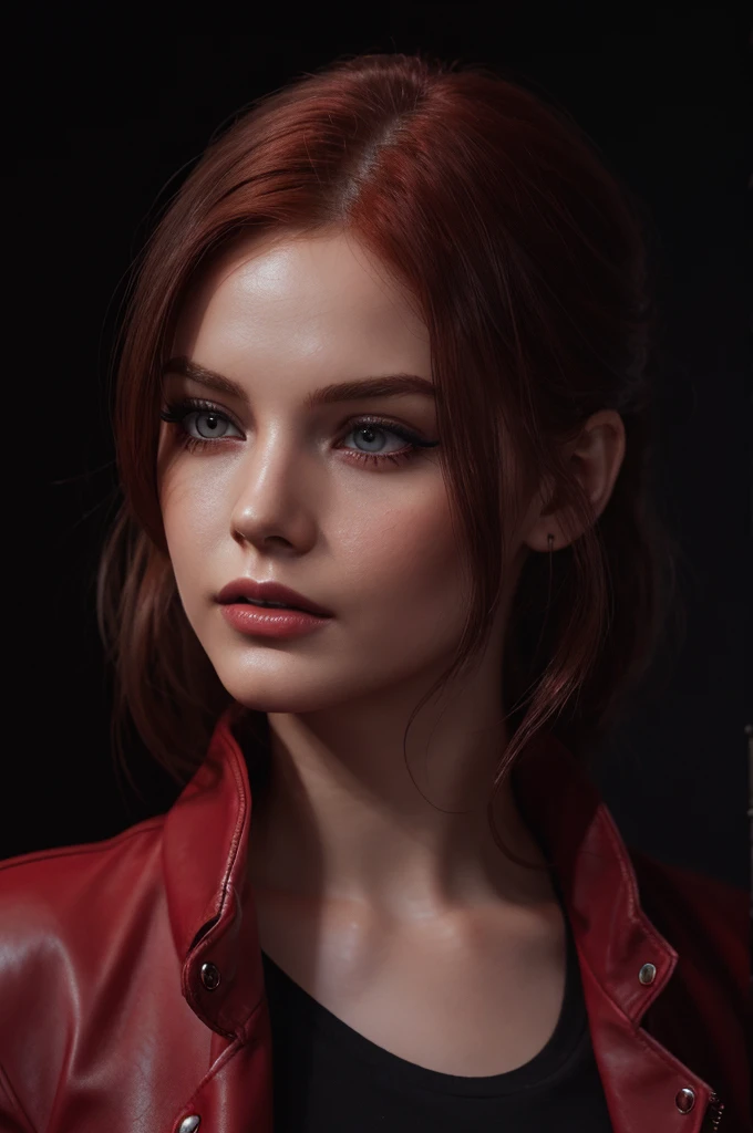 woman with medium-hair ,Auburn-red-hair, pale,soft body,eyeliner,portrait, beautiful woman, beautiful female ,beautiful classy woman ,eyeliner , elegant, digital painting, smooth, dramatic lighting, ultra realistic, 8k, art , blur backgrond, black background ,black background,black wallpaper,wearing red leather jacket