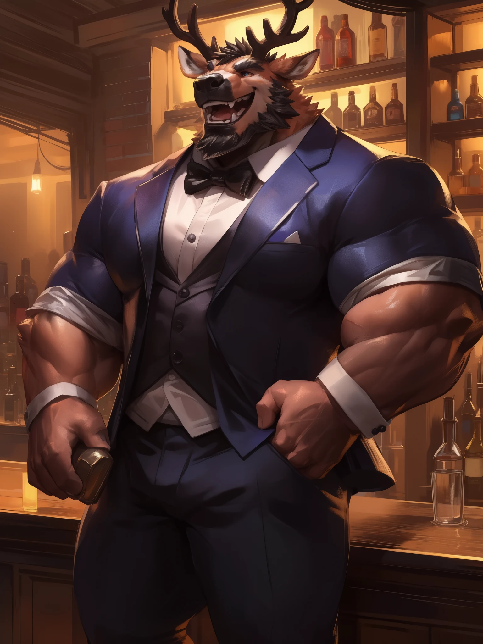 lindong, lucusold, lanxus, a man with a muscle, furry deer wearing ((tuxedo:1.2)), bar, bartender, ((muscular, sixpack)), happy, laugh, bearded , thicc, lowres, giant and muscular, danbooru and artstation, heavy detailed, insanely inflated hips, proportionally arms, commission for high res, detailed but rough, semirealistic:1.3
