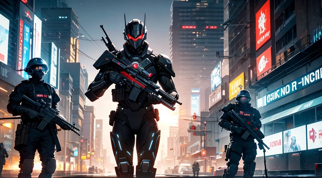 A powerfully commanding black skin man soldier donning advanced technological military gear stands tall, poised with a rifle aimed at a menacing metallic robotic creature in a bustling cyberpunk metropolis. The soldier's uniform gleams with intricate circuitry and glowing lights, a stark contrast to the gritty neon-lit backdrop. Their focused expression speaks of determination and resilience in the face of futuristic threats. This expertly crafted painting captures a moment of intense conflict and showcases a blend of cutting-edge technology and human courage