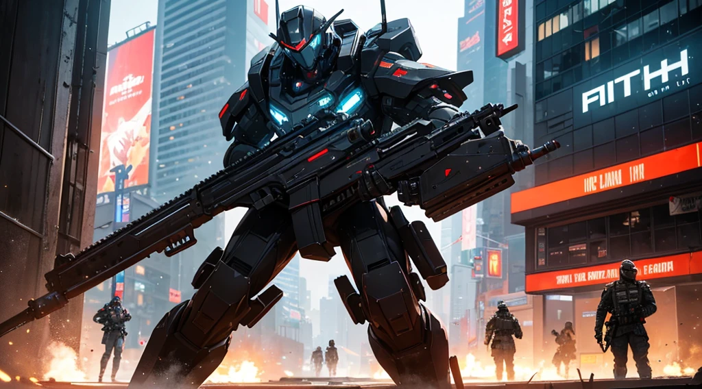 A powerfully commanding black skin man soldier donning advanced technological military gear stands tall, poised with a rifle aimed at a menacing metallic robotic creature in a bustling cyberpunk metropolis. The soldier's uniform gleams with intricate circuitry and glowing lights, a stark contrast to the gritty neon-lit backdrop. Their focused expression speaks of determination and resilience in the face of futuristic threats. This expertly crafted painting captures a moment of intense conflict and showcases a blend of cutting-edge technology and human courage