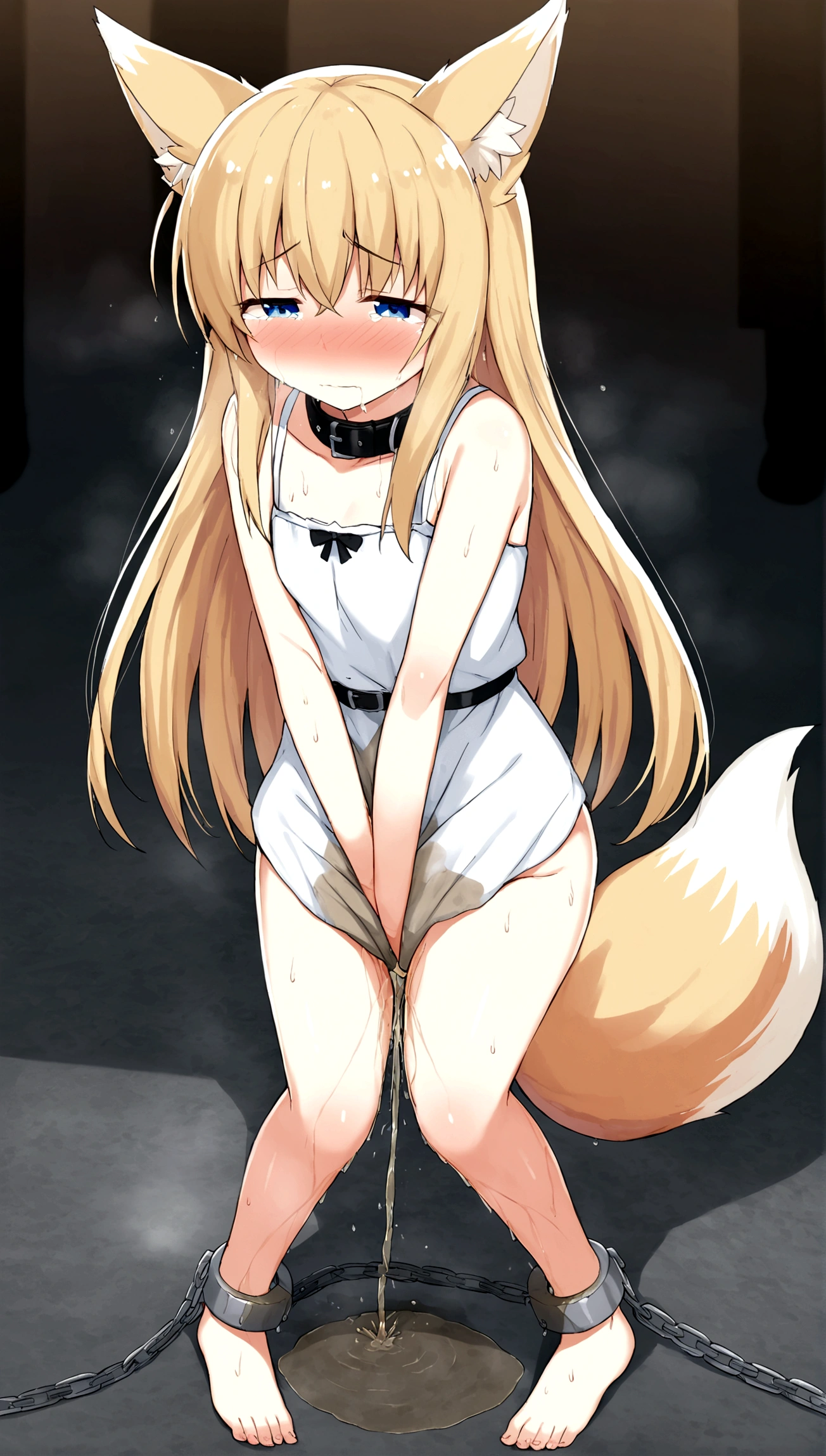 Anime. 1 girl. . Kitsune. Blonde. Long hair. Blue eyes. Beautiful eyes. Perfect eyes. Expressive eyes. Blind eyes. Blind. Ideal face. Ideal anatomical body. Beautiful long legs. Beautiful body. Beautiful nose. Fox ears. Fox's tail. 12 ybarrassment. Blush. Beautiful character design. Shiny skin. Dirty tunic. Torn Tunic. Slave. Collar. Shackles. On a chain. No panties. Barefoot. White cane in hand. Hand on crotch. Urinary incontinence. She wants to pee. She needs to pee. She has a strong, desperate urge to pee. He squeezes his crotch tightly. Rubbing the crotch. Slight forward bend. She peed herself. The girl can't stand straight. She pees standing up. She peed herself while standing in the raov market. Middle Ages. Fantasy. City. Town Square. Slave market. Tears on eyes. Cry. Snot flows from the nose. Whole body. nsfw. Official art. Extremely detailed CG Unity 8k wallpaper. Ideal lighting. Ultra high resolution 4K. Super detailed 8K. A high resolution.