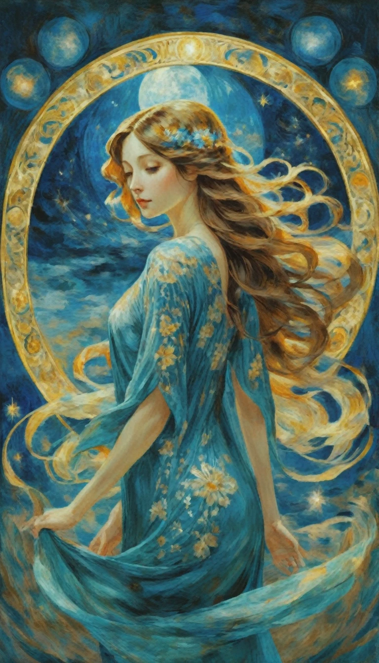 a lot: A woman with flowing hair and floral drapes, Her body is decorated with intricate Art Nouveau patterns., Illuminated by the moonlight.  oil,  Virgo, one of the 12 constellations