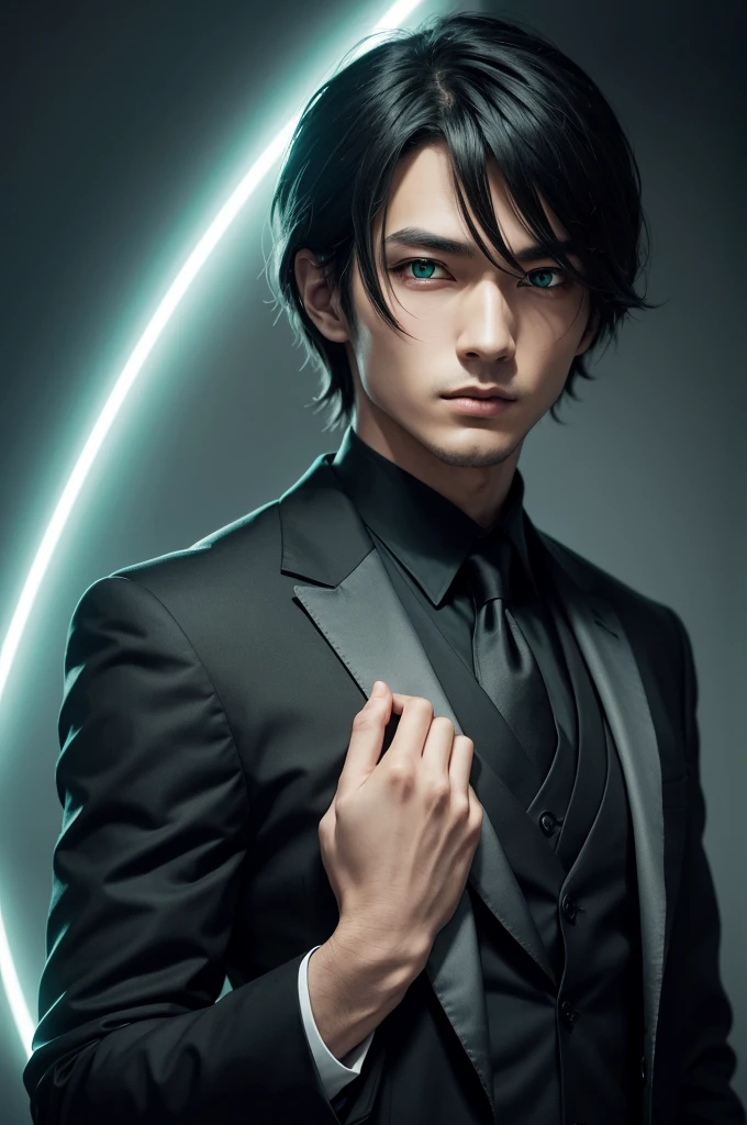 A man in a black suit with shining green eyes, japanese anime