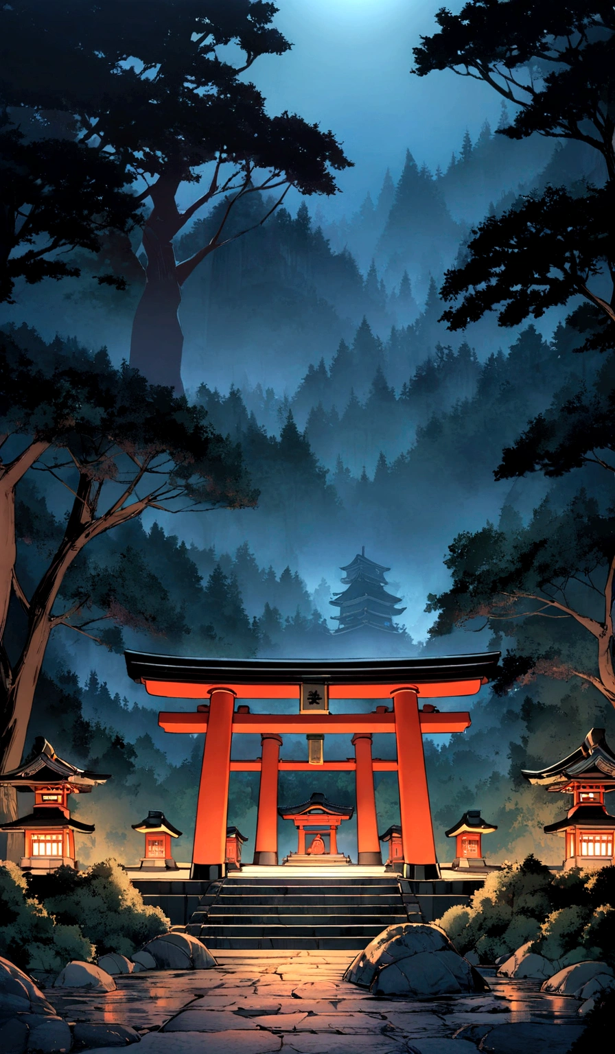 There is a small shrine in the middle of the forest at night, Mysterious temple scenery, This shrine附近, torii in the background, at night forest, Tree on the mountain々Torii gate surrounded by, quiet forest night scene, This shrine, Inspired by the East,