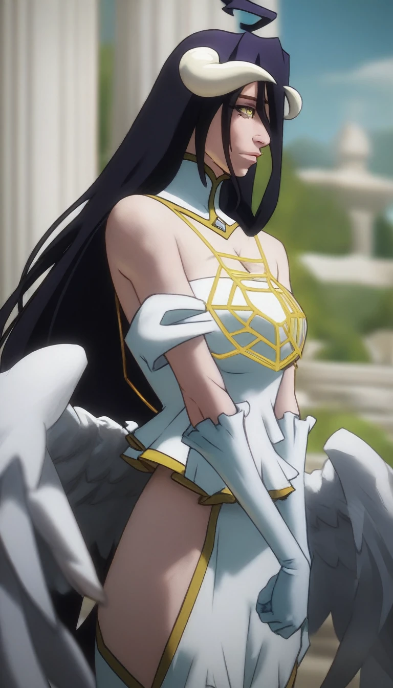 1 girl, albedo, standing, cowboy_shot, 20-year-old, healthy skin, masterpiece, detailed,  score_8_up, score_7_up 