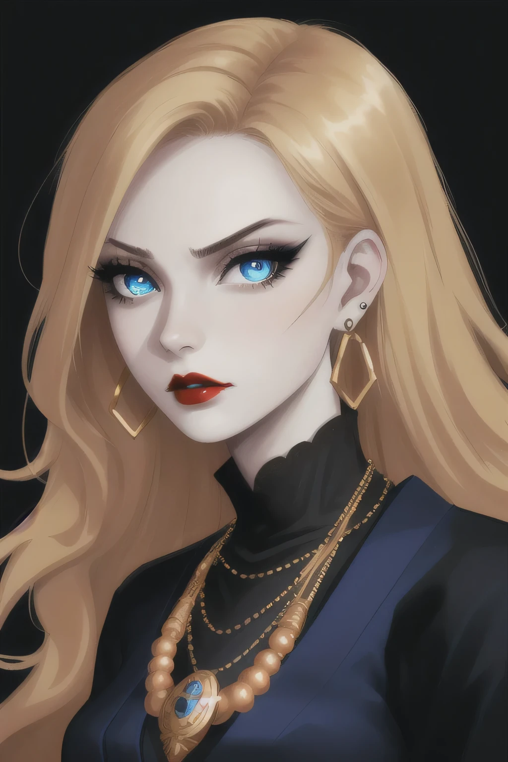 goth girl woman, pale skin, Red lips, Japanese explosion, high quality, Blue eyes, simple background, dark background, serious look, black clothes, necklace, detailed face, detailed eyes, Golden hair, eyelashes, earrings, portrait,
